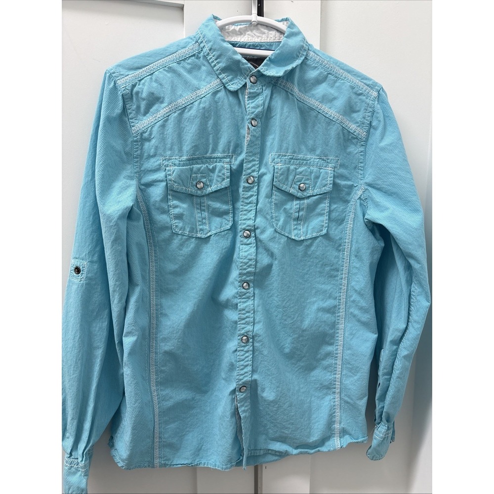 BKE Standard Fit Mens Small Turquoise Blue Pearl Snap Western Shirt Long Sleeve